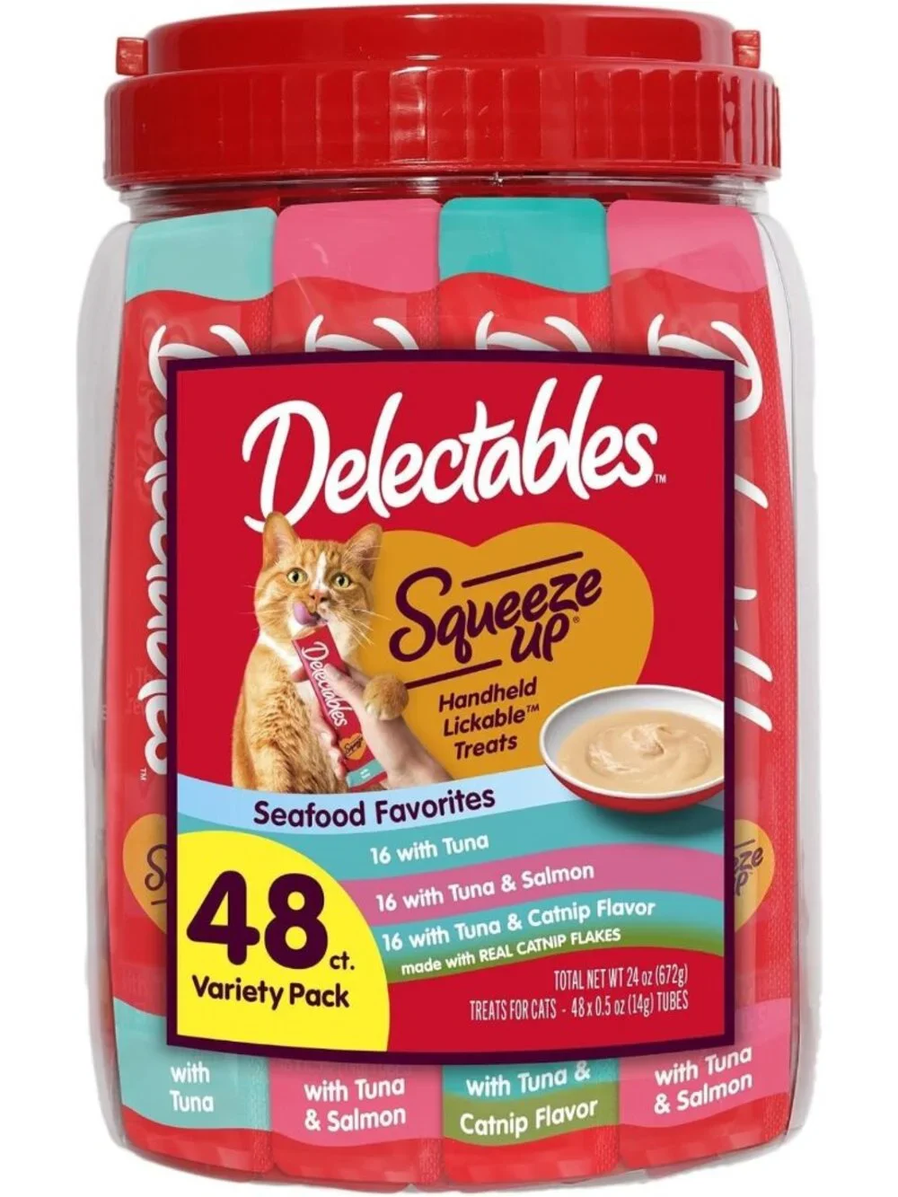 Creamy Squeezable Tuna & Salmon Cat Treats, Grain-Free, Lickable Puree, 48 Tubes